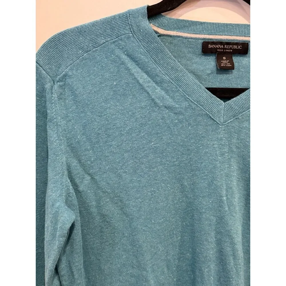 Banana Republic Men’s Silk Linen V Neck Lightweight Sweater Blue Teal Size Small